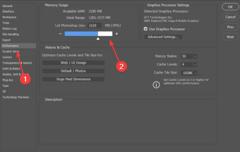 1. The "Performance" tab in Adobe Photoshop. 2. Available free space on the scratch disk in Adobe Photoshop.