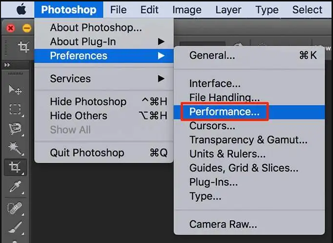 The "Performance" tab in the Adobe Photoshop drop-down window.