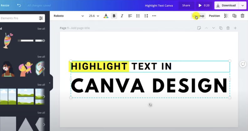 Screenshot of Canva displaying some highlighted texts