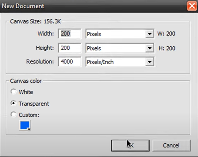 new document - transparency settings