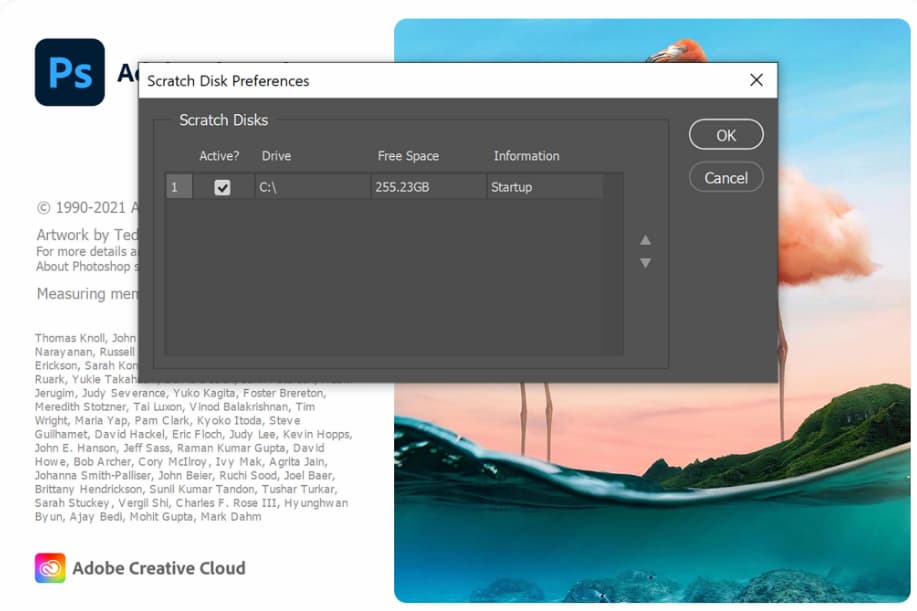 The "Scratch Disk Preferences" tab in Adobe Photoshop